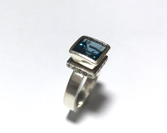 Blue Topaz Square Halo Ring Size 6.5 Ultra Modern