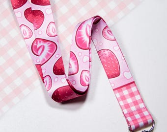 Strawberry Lanyard with Pink Gingham Accent – 2.5cm Wide