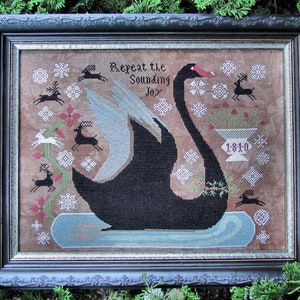 May include: Black and white needlepoint embroidery of a black swan with a blue wing, surrounded by white snowflakes, red flowers, and white rabbits. The text "Repeat the Sounding Joy" is above the swan, and the year "1810" is below the swan.