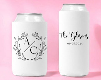 Monogram Wedding Can Coolers – Custom Initial Drink Sleeves for Wedding, Party Favors, Reception, Beer Holder, Personalized Beverage Cooler