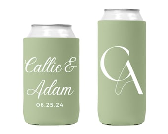 Custom Wedding Can Coolers | Personalized Drink Holders for Guests, Monogram Reception Favors, Bulk Wedding Party Gifts
