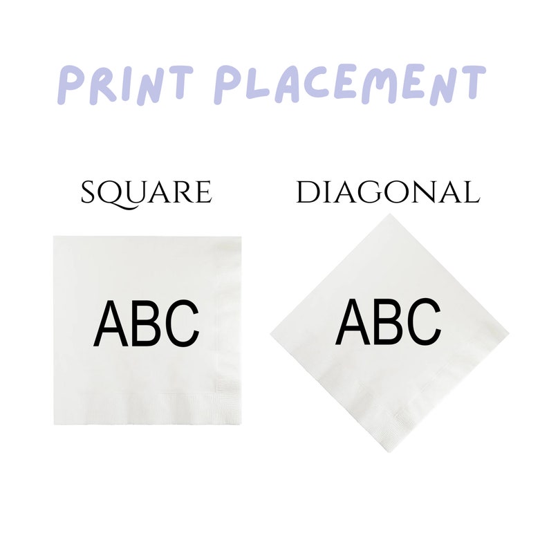May include: Two white napkins with the letters "ABC" printed on them. The napkin on the left is square and the napkin on the right is folded diagonally.