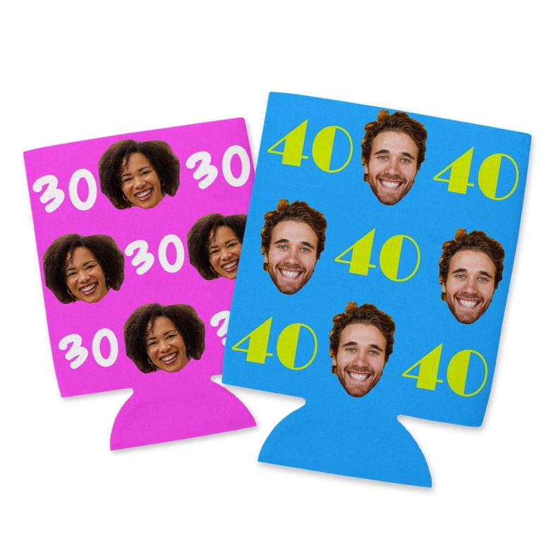 May include: Two can coolers, one pink and one blue, with a repeating pattern of numbers and faces. The pink cooler has the number 30 repeated and the blue cooler has the number 40 repeated.