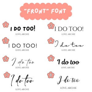 Op de afbeelding: Op een witte achtergrond worden acht tekstvoorbeelden in verschillende lettertypen weergegeven. Elk voorbeeld bevat de zin "I DO TOO!" of "I do too" en "LOVE, ARCHIE." Een roze wolkbanner bovenaan leest "FRONT" FONT.
