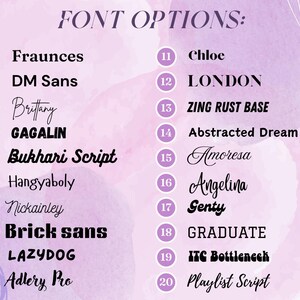 May include: A list of 20 font options with their names and numbers. The font names are displayed in the corresponding font style. The background is a light purple watercolor wash.