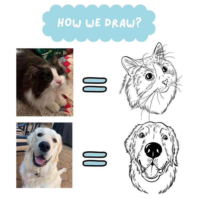 Op de afbeelding: Een afbeelding die het proces van het tekenen van huisdieren laat zien. De bovenste helft toont een kattenfoto en de bijbehorende lijntekening. De onderste helft toont een foto van een golden retriever en zijn lijntekening. De tekst "HOW WE DRAW?" staat bovenaan.