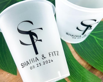 Personalized Frosted Wedding Cups – Custom Shatterproof Plastic Cups for Reception, Toast, Bar, Monogram Party Cups, Custom Printed Cups