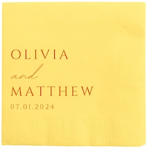 May include: Yellow paper napkin with the text "OLIVIA and MATTHEW 07.01.2024" printed in orange.