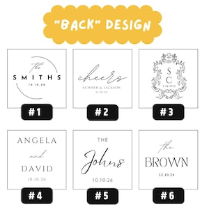 Op de afbeelding: Een verzameling van zes zwart-wit ontwerpen voor de achterkant van een product. Elk ontwerp bevat tekst, waaronder namen, data en het woord "cheers". De ontwerpen zijn genummerd van &eacute;&eacute;n tot zes.