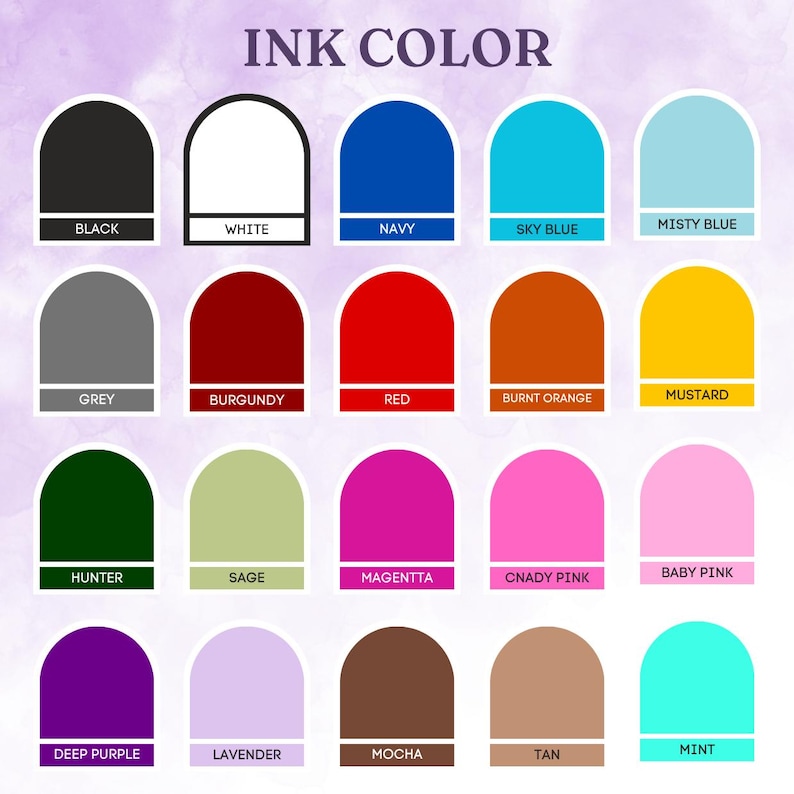 Op de afbeelding: Een kleurenkaart met de titel "INK COLOR" toont 20 inktkleuropties. Kleuren zijn onder meer zwart, wit, marineblauw, hemelsblauw, mistblauw, grijs, bordeauxrood, rood, verbrand oranje, mosterd, jagergroen, salie, magenta, snoeproze, babyroze, dieppaars, lavendel, mokka, tan en mint.