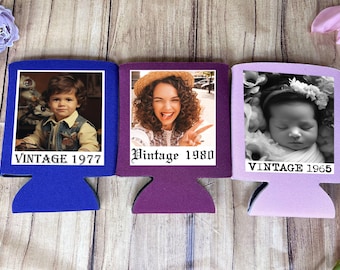 Personalized Birthday Can Coolers | Insulated Slim/Soda Can Holders, Vintage Birthday Party Favors, Custom Insulated Drink Sleeves