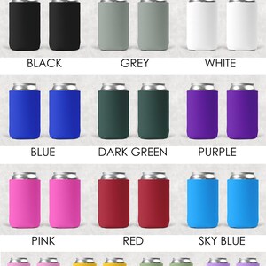 May include: Color chart showing different colors of can coolers. The colors include black, grey, white, blue, dark green, purple, pink, red, sky blue, baby pink, yellow, sage, and lavender.