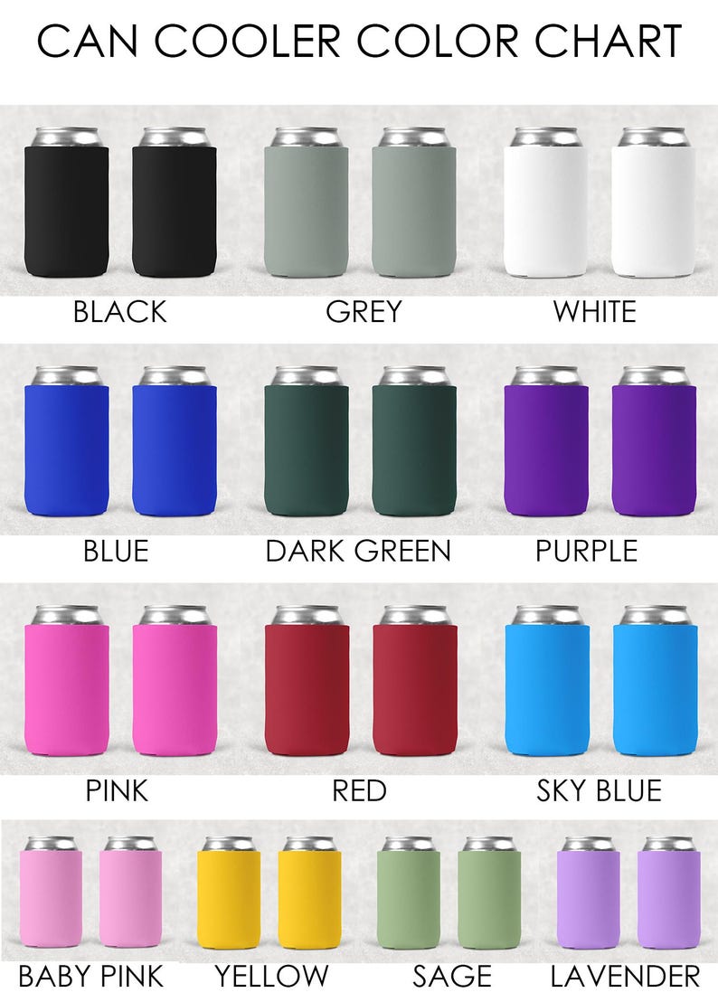 May include: Color chart showing different colors of can coolers. The colors include black, grey, white, blue, dark green, purple, pink, red, sky blue, baby pink, yellow, sage, and lavender.