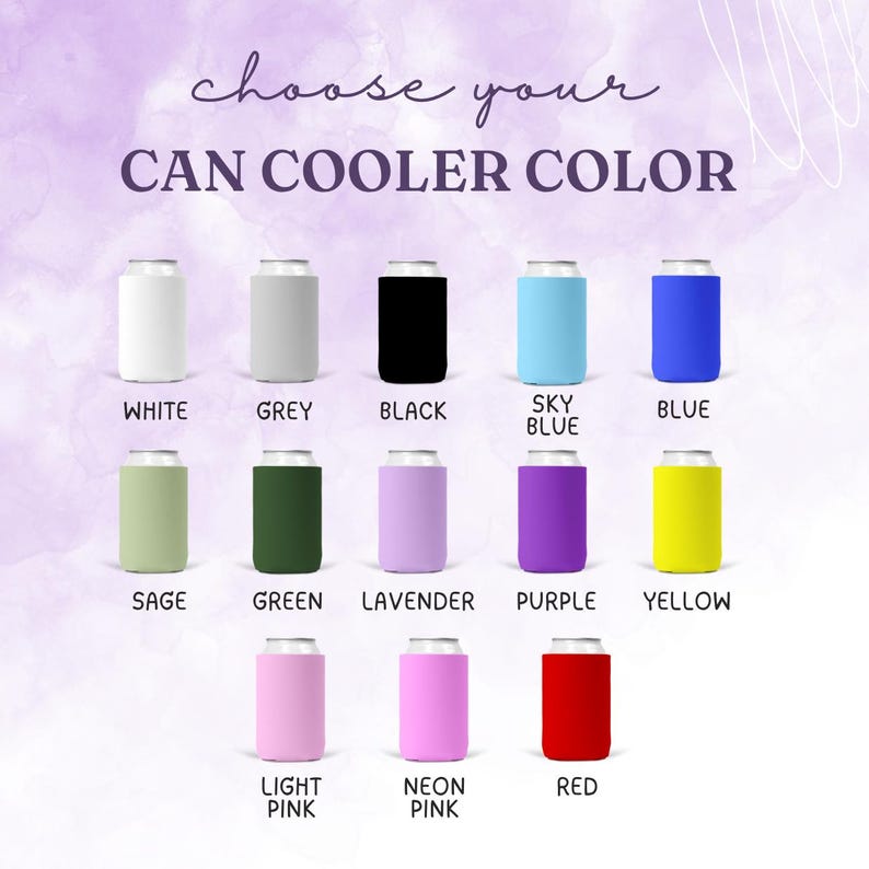 Op de afbeelding: Afbeelding met een verscheidenheid aan blikjeskoelers in verschillende kleuren: wit, grijs, zwart, hemelsblauw, blauw, salie, groen, lavendel, paars, geel, lichtroze, neonroze en rood. Tekst: "Kies je BLIKJESKOELER KLEUR."
