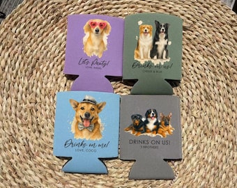 Custom Pet Wedding Can Cooler, Dog Illustration, Personalized Favors, Monogram Wedding Favors, Bulk Custom Favors, Dog Lovers, Rustic
