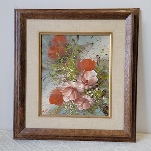 Vintage Signed Framed Oil Painting, Red and Pink Flowers, Floral Painting,