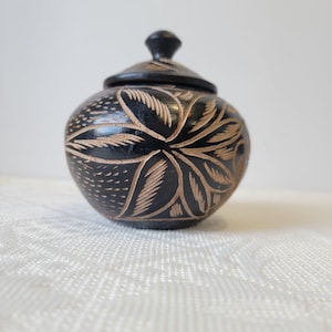 Hand Carved Lidded Black Wooden Jar, Floral Carving,