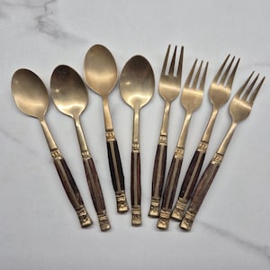 Vintage Brass Miniature Spoons and Forks with Rosewood Handles made in Thailand
