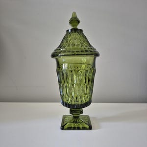 Vintage Indiana Glass Green Avocado Lidded Apothecary Jar, Candy Dish, Pedestal Jar