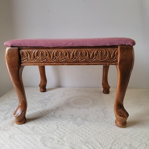 Vintage Needlepoint Footstool, Carved Wood, Floral Needlepoint