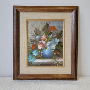 Vintage Signed Framed Oil Painting, Blue Red and Pink Flowers, Floral Painting