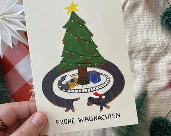 Feliz Navidad – Divertida tarjeta navideña de perro salchicha con diseño dibujado a mano | Felicitaciones festivas para amantes de los perros y de los perros salchicha.