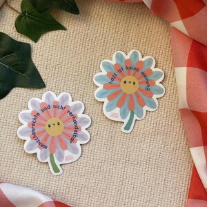 Puede incluir: Dos pegatinas con forma de flor con caras sonrientes. Una pegatina tiene el texto "Menschenrechte sind nicht verhandelbar" en un c&iacute;rculo. La otra pegatina tiene el texto "hass ist keine meinung". Ambas pegatinas tienen una combinaci&oacute;n de colores azul claro, naranja y rosa.