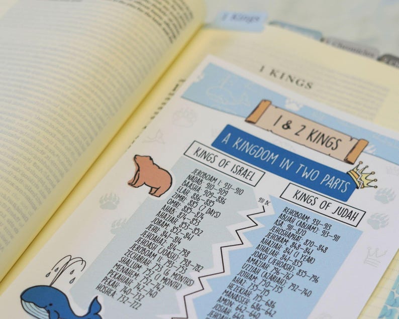 May include: Open book with a colorful illustration of the Kings of Israel and Judah. The page features a list of rulers with their corresponding years, along with cartoon bear and whale graphics. The title "1 & 2 Kings" is displayed at the top.