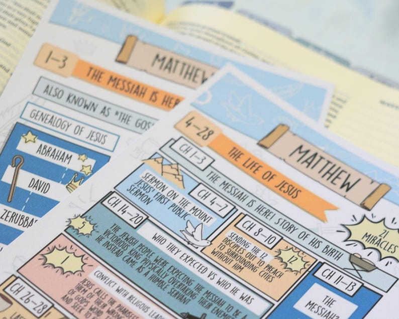 May include: Close-up of several colorful Bible study guides. The guides feature the text "Matthew" and various chapter references. The pages have a light blue and orange color scheme with illustrations and text boxes. The guides are designed for studying the Gospel of Matthew.