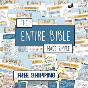 May include: A detailed infographic titled "The Entire Bible Made Simple" with various biblical book titles and summaries. The design includes a blue central banner with the title, surrounded by illustrated elements and text. The words "Free Shipping" are also visible.