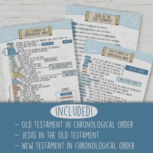 Pu&ograve; includere: Un set di tre grafici educativi con note manoscritte e titoli: "Antico Testamento in ordine cronologico", "Ges&ugrave; nell'Antico Testamento" e "Nuovo Testamento in ordine cronologico". I grafici includono elenchi e diagrammi.
