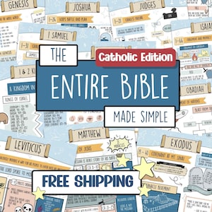 Może przedstawiać: Kolorowa infografika całej Biblii katolickiej, z kluczowymi wersetami i podsumowaniami. Tytuł "The Entire Bible Made Simple" jest wyraźnie widoczny. Różne księgi Biblii są oznaczone, w tym Księga Rodzaju, Wyjścia i Mateusza. Obraz zawiera tekst "Free Shipping".