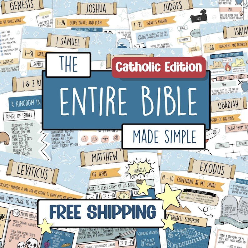 May include: A colorful infographic of the entire Catholic Bible, with key verses and summaries. The title "The Entire Bible Made Simple" is prominently displayed. Various books of the Bible are labeled, including Genesis, Exodus, and Matthew. The image includes the text "Free Shipping".