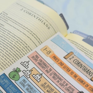 Pu&ograve; includere: Bibbia aperta con linguette e adesivi colorati. Le linguette recitano "2 Corinzi" e gli adesivi hanno illustrazioni e testo come "2a lettera di Paolo alla Chiesa di Corinto". Le pagine sono ingiallite.