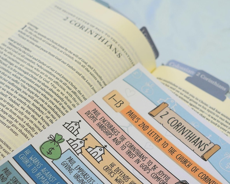 Pu&ograve; includere: Bibbia aperta con linguette e adesivi colorati. Le linguette recitano "2 Corinzi" e gli adesivi hanno illustrazioni e testo come "2a lettera di Paolo alla Chiesa di Corinto". Le pagine sono ingiallite.