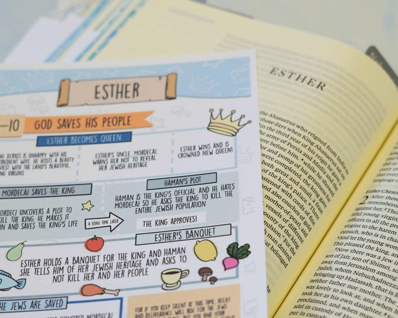 May include: A colorful infographic about the biblical story of Esther, with the title "Esther" in a banner. The page includes illustrations of a crown, fruit, and other symbols, with text summarizing key events. An open book is in the background.