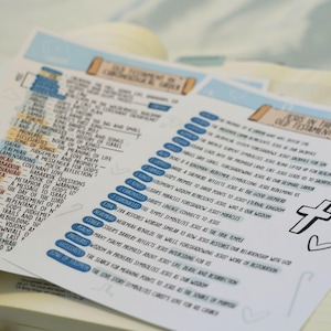 Pu&ograve; includere: Due fogli di carta bianchi con note manoscritte e evidenziature blu, intitolati "Antico Testamento in ordine cronologico" e "Ges&ugrave; nell'Antico Testamento". I fogli sono su un libro, con un scarabocchio di croce e cuore.