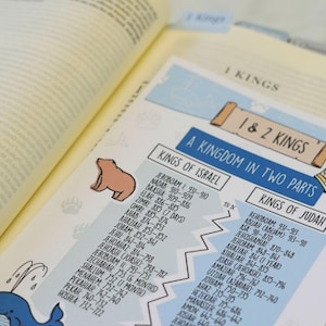 Pu&ograve; includere: Libro aperto con un'illustrazione colorata dei Re d'Israele e di Giuda. La pagina presenta un elenco di governanti con i loro anni corrispondenti, insieme a grafiche di orsi e balene dei cartoni animati. Il titolo "1 & 2 Kings" &egrave; visualizzato in alto.