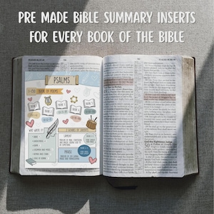 May include: Open Bible with a pre-made Bible summary insert for Psalms. The insert features the text "Psalms" and lists the book's poems, authors, and genres. The text "Pre Made Bible Summary Inserts For Every Book of The Bible" is at the top.