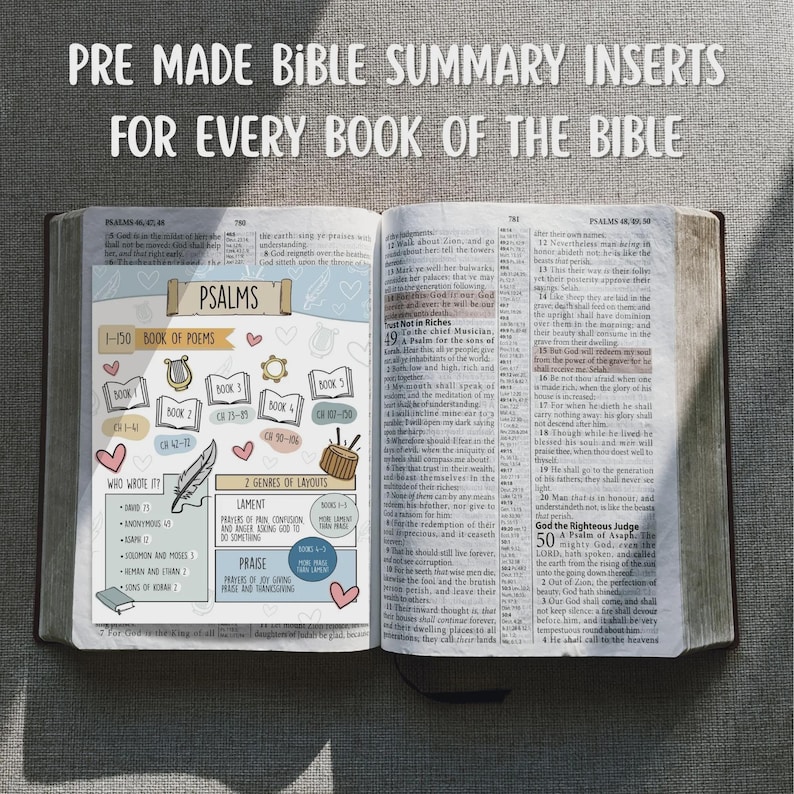 May include: Open Bible with a pre-made Bible summary insert for Psalms. The insert features the text "Psalms" and lists the book's poems, authors, and genres. The text "Pre Made Bible Summary Inserts For Every Book of The Bible" is at the top.