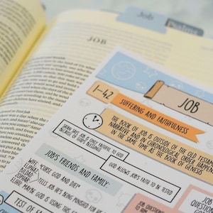 May include: Open Bible with a colorful sticker sheet featuring the word "Job" and related text. The sticker sheet includes phrases like "Suffering and Faithfulness" and "Job's Friends and Family."