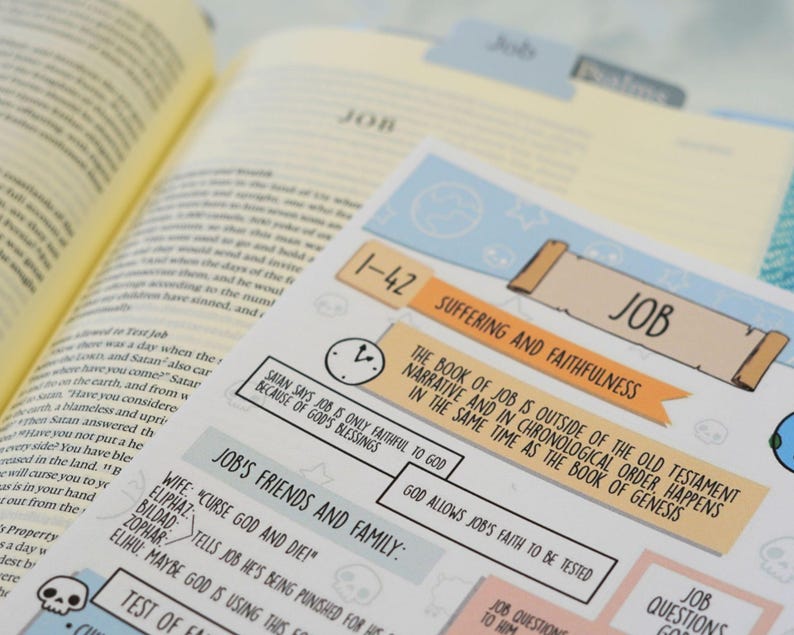 May include: Open Bible with a colorful sticker sheet featuring the word "Job" and related text. The sticker sheet includes phrases like "Suffering and Faithfulness" and "Job's Friends and Family."