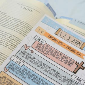 May include: A printed study guide for the books of 1, 2, and 3 John, with key verses and themes. The guide features a colorful design with text, hearts, and crosses, and is open on a Bible.