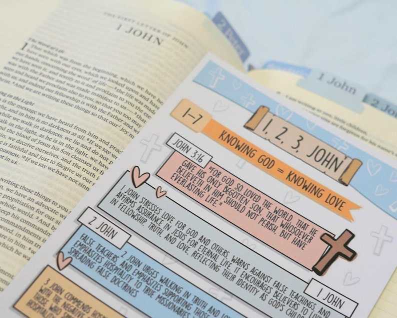May include: A printed study guide for the books of 1, 2, and 3 John, with key verses and themes. The guide features a colorful design with text, hearts, and crosses, and is open on a Bible.