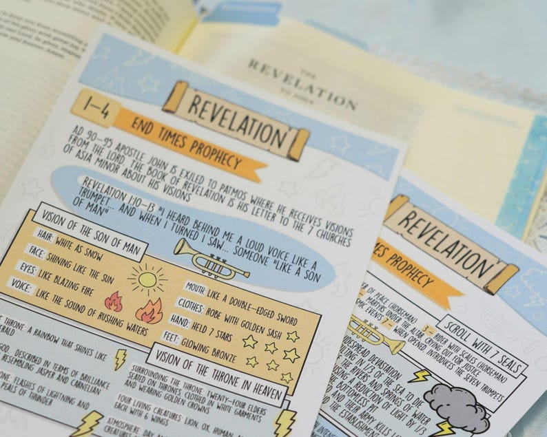 May include: Close-up of several Revelation Bible study pages. The pages feature colorful illustrations and text describing the end times prophecy, including visions of the Son of Man and the throne in heaven. The pages are in English.