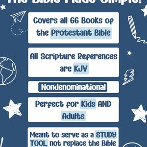 Pu&ograve; includere: Grafica blu navy con il testo "The Bible Made Simple!" e punti elenco: Copre tutti i 66 libri della Bibbia protestante, Tutti i riferimenti alle Scritture sono KJV, Non confessionale, Perfetto per bambini E adulti e Destinato a servire come STRUMENTO DI STUDIO, non sostituisce la Bibbia stessa.