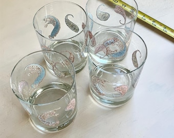 Vintage set 4 Cera Paisley Glasses Rocks Bar set Heavy Base