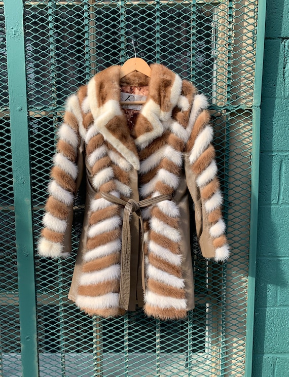 70s 80s Chevron Mink Fur & Leather Belted Coat