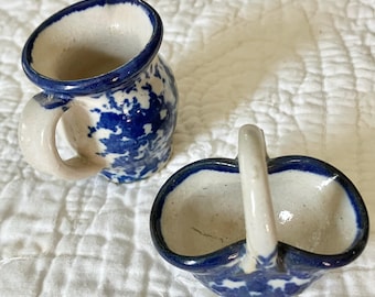 Vintage miniature pottery stoneware blue white speckled sponge pitcher basket handmade signed