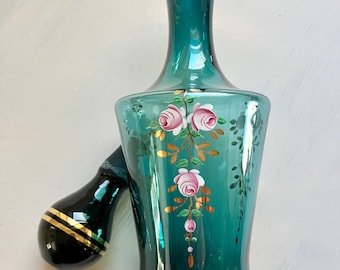 DeVilbiss decanter blue blown glass stopper pink flowers